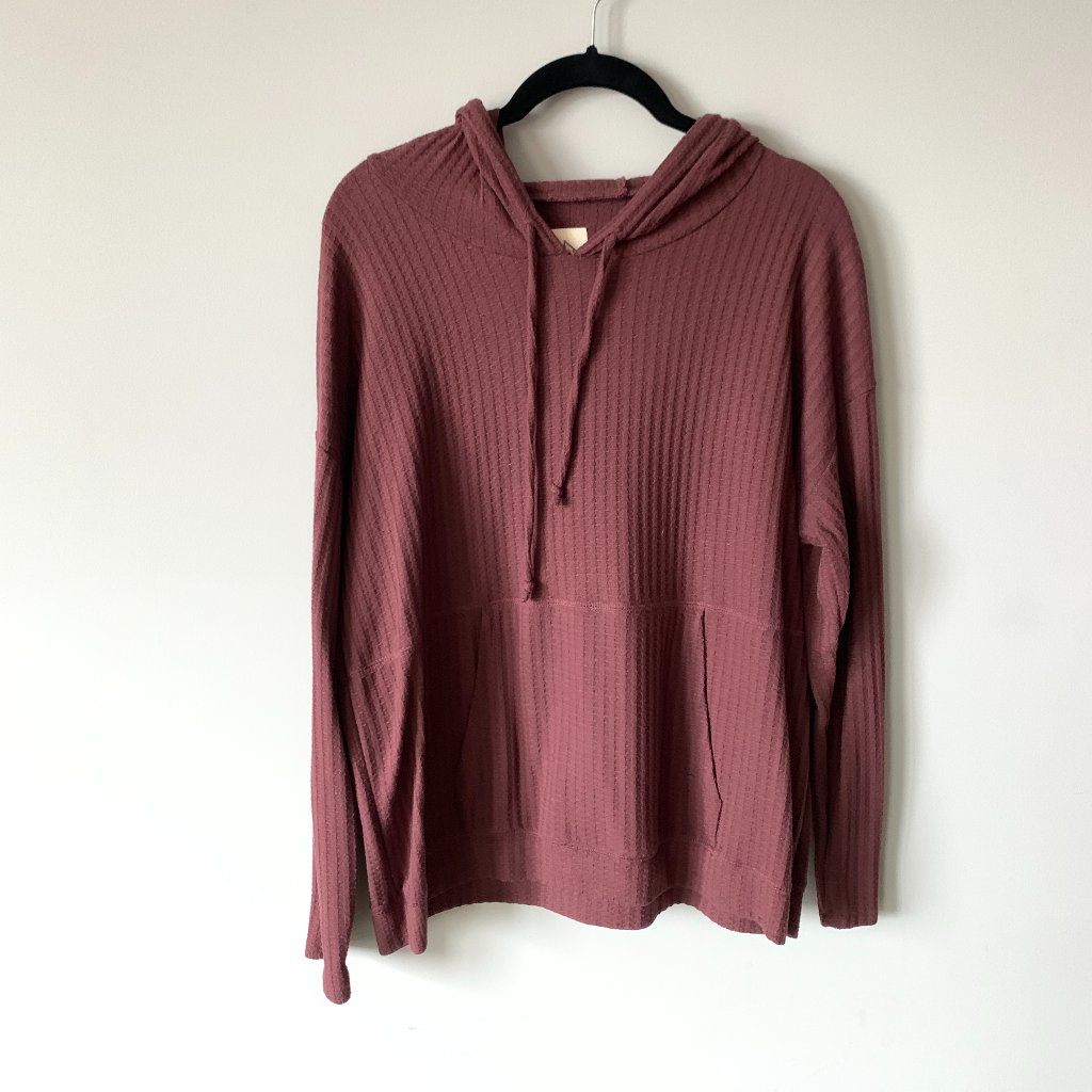 Long Sleeve Top - Tie Neck With Hood - Red / Burgundy Textured